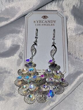 Eye Candy Peacock Silver Iridescent Statement Drop Earrings Te